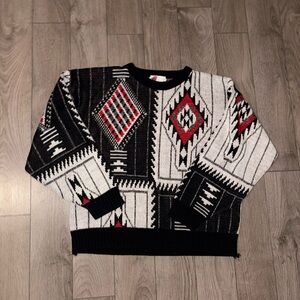 Vintage 90’s Sweater Men’s Geometric Crewneck Sweater in Black, White & Red